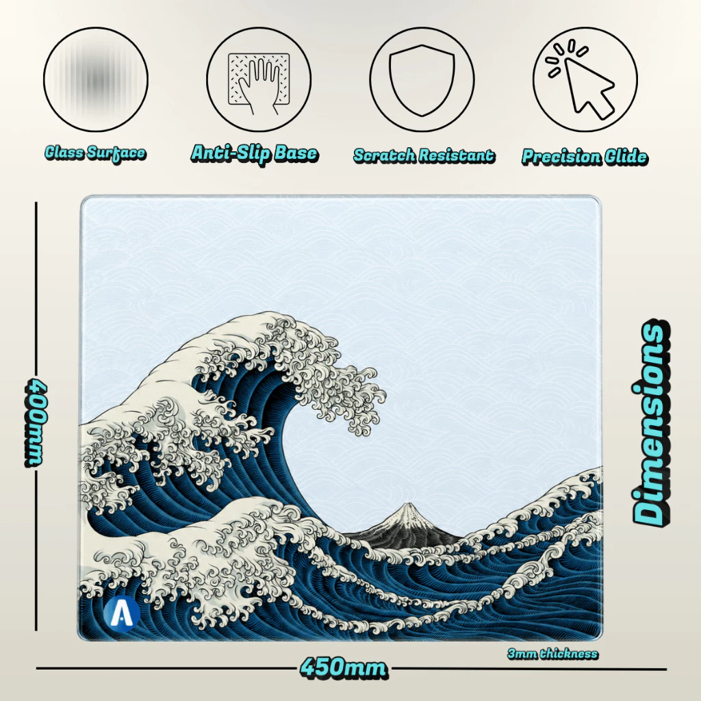 Kanagawa Classic specifications: glass surface, anti-slip base, scratch resistant, precision glide, 450 × 400 × 3mm
