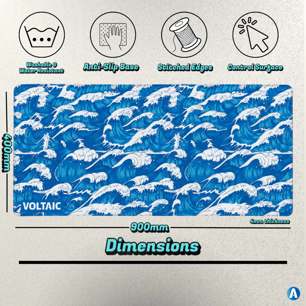 Kanagawa XL cloth desk mat — washable & water resistant, anti-slip base, stitched edges, control surface, 900 × 400 × 4mm